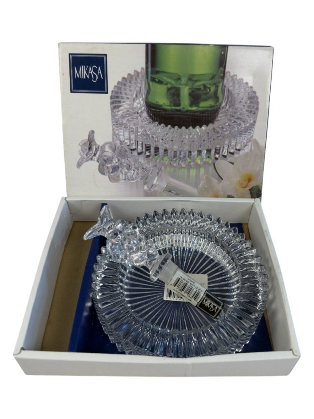 Vtg Mikasa Diamond Fire Champagne Wine Set Crystal Coaster Grape Bottle Stopper